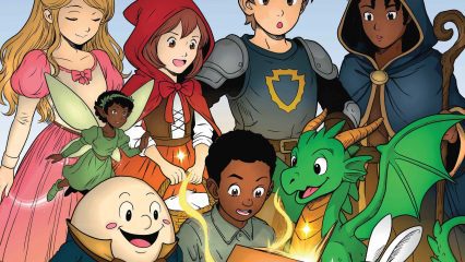 Illustrated poster for San Bernardino County Library's 2025 Summer Reading Program titled "Tales of Enchantment." The artwork features diverse children and storybook characters including a knight, fairy, red riding hood, wizard, dragon, bunny, and Humpty Dumpty, all gathered around an open glowing book. The program runs from June 9th to August 3rd.