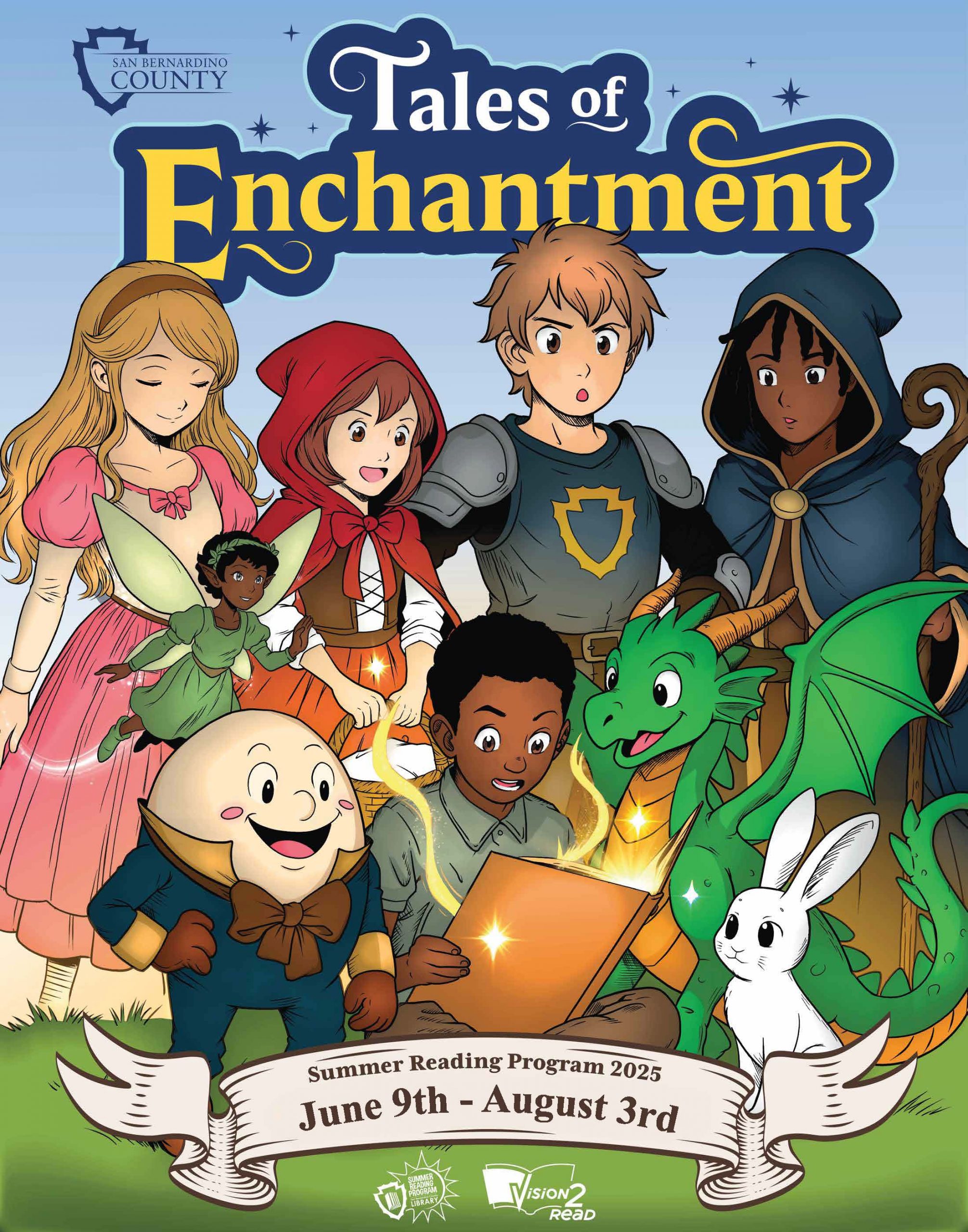 Illustrated poster for San Bernardino County Library's 2025 Summer Reading Program titled "Tales of Enchantment." The artwork features diverse children and storybook characters including a knight, fairy, red riding hood, wizard, dragon, bunny, and Humpty Dumpty, all gathered around an open glowing book. The program runs from June 9th to August 3rd.