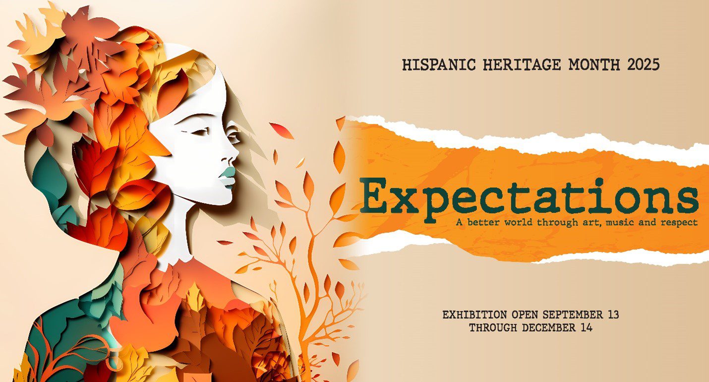 Graphic of woman in a wallpaper paper cut style. Text: Hispanic Heritage Month 2025. Exhibition open Sept. 13 through Dec. 14.