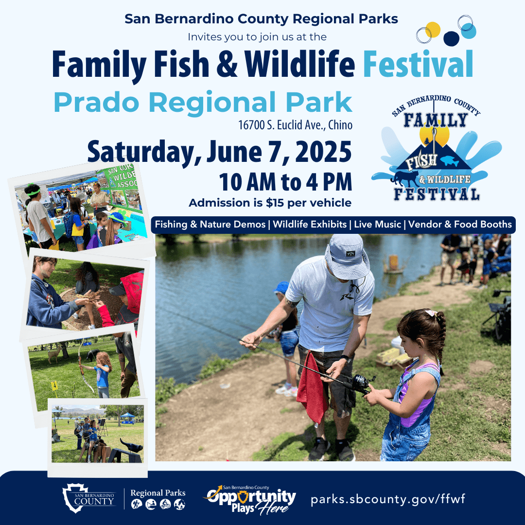 Children enjoy wildlife and fishing exhibitions at Prado Regional Park. A man teaches a young girl how to cast a rod at Prado Regional Park.