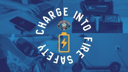 “Charge into fire safety” text, County Fire logo, battery icon, and phone, laptop, power tool batteries, electric vehicle and scooter charging images.