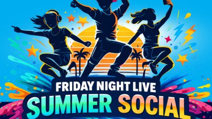mage with three dancing silhouettes and a San Bernardino County logo. Text reads Friday Night Live Summer Social, June 17, 9 a.m. to 4 p.m.