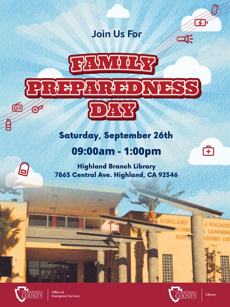 Family Preparedness Day flyer for Sept. 26, 9 a.m.– 1 p.m. at Highland Branch Library, featuring emergency supply icons.