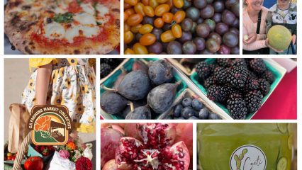 Farmers market collage with pizza, tomatoes, figs, berries, pomegranate, flowers, green juice, and a woman with child holding a melon.