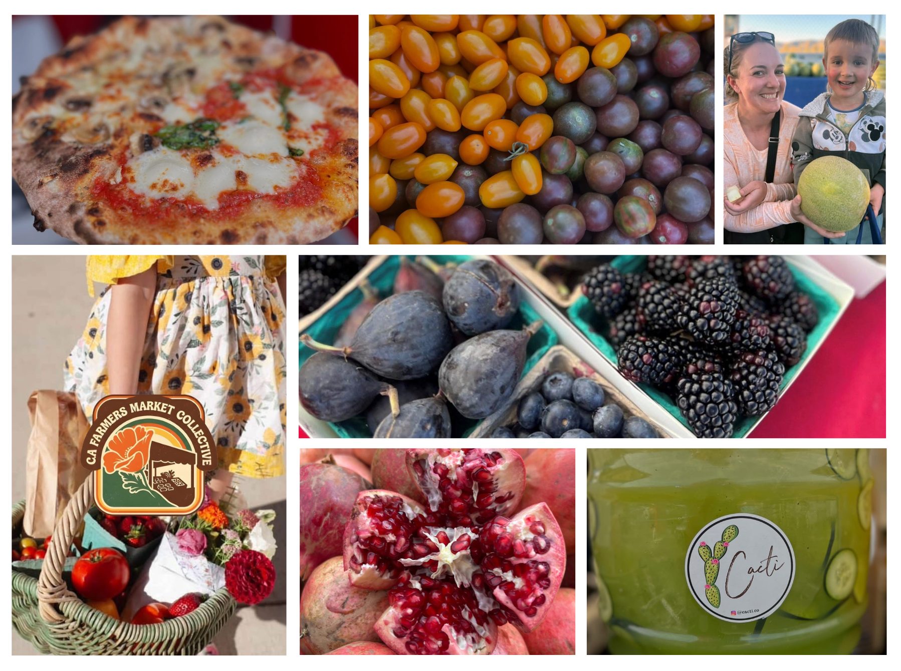 Farmers market collage with pizza, tomatoes, figs, berries, pomegranate, flowers, green juice, and a woman with child holding a melon.