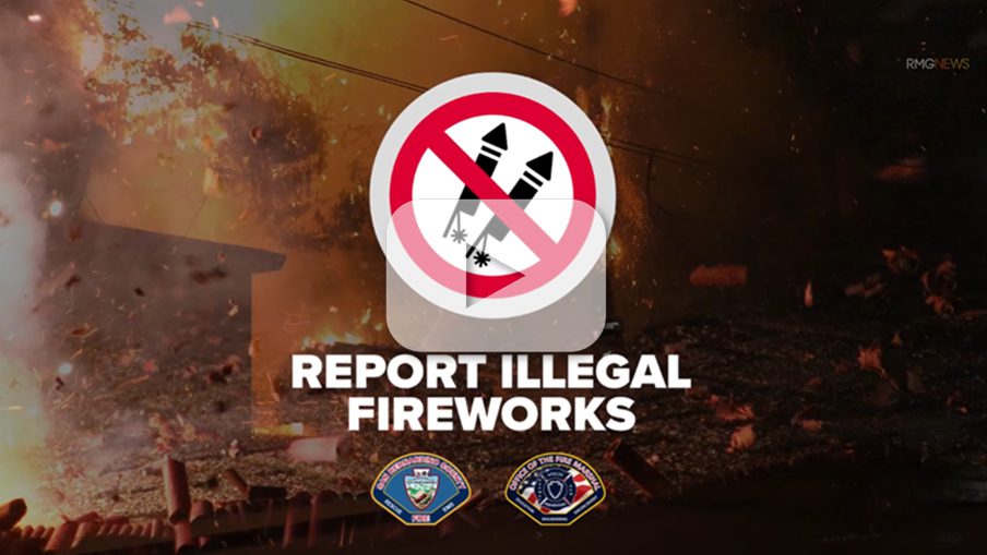 “No fireworks” symbol above “Report Illegal Fireworks” text, with explosion image and Fire Protection District and Fire Marshal Logos.