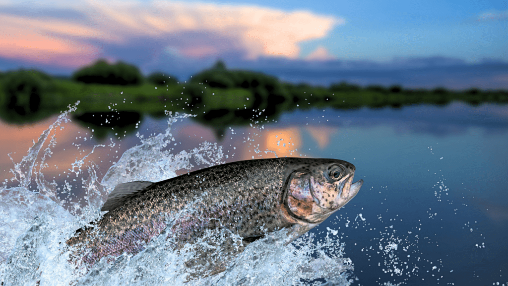 A trout splashing out of the water against a scenic lake backdrop.