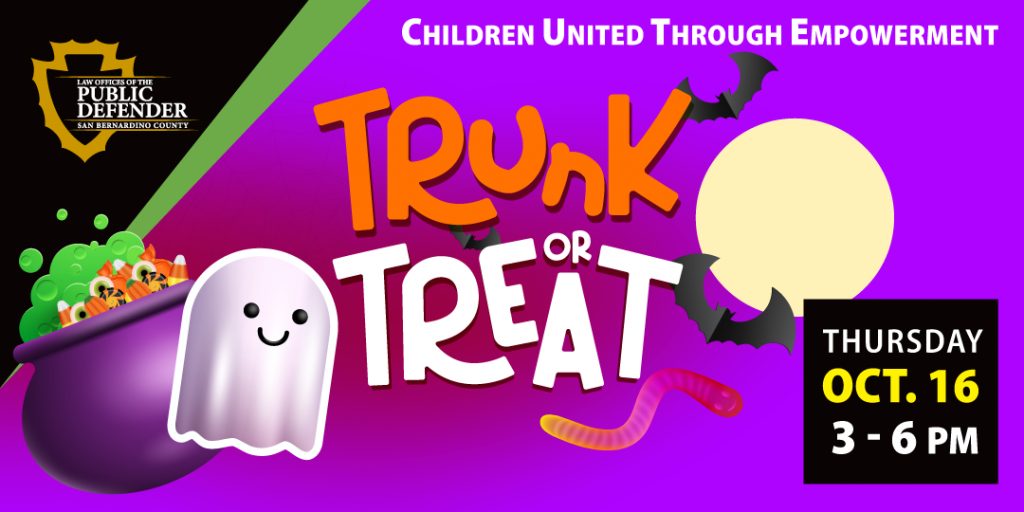 Purple image with ghost, candy cauldron, Public Defender logo and text Children United Through Empowerment, Trunk or Treat Thursday, Oct. 16, 3-6 PM.
