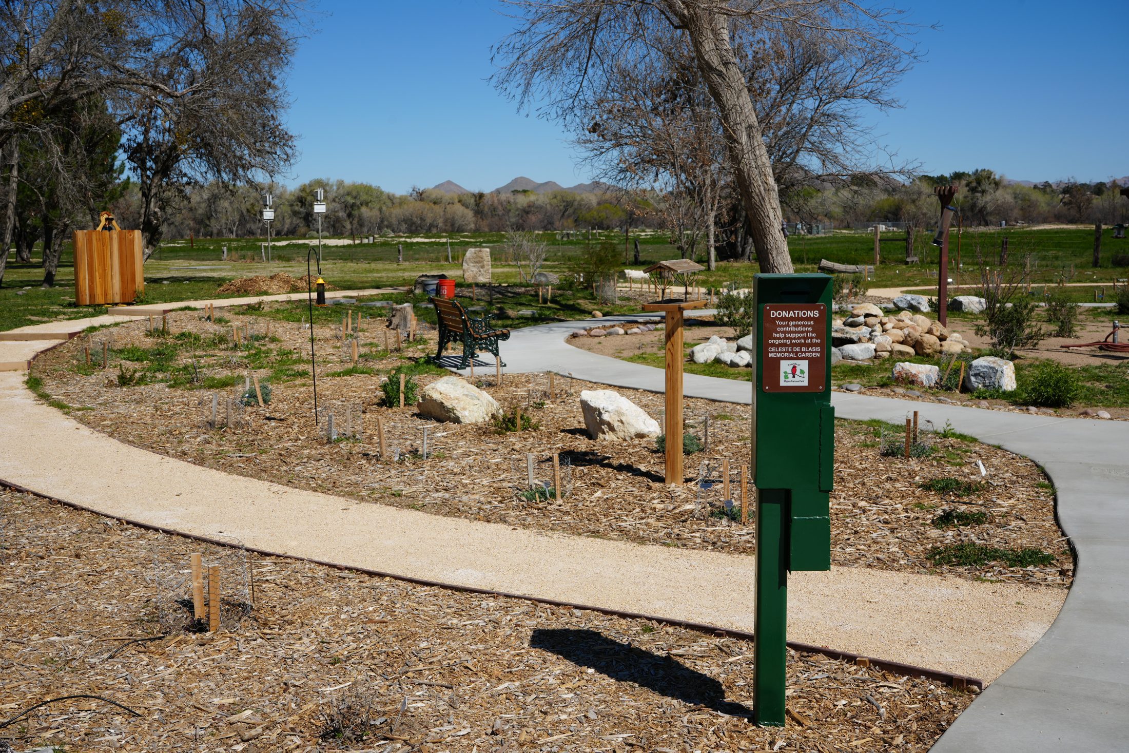 A park garden with trees, walkway and a wooden post with donation box.