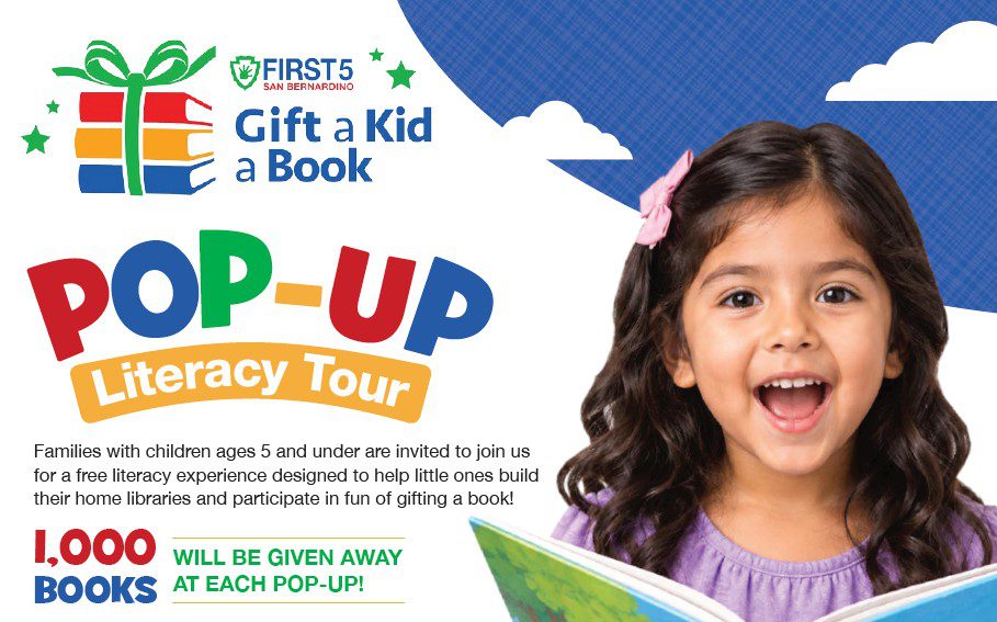 “Gift a Kid a Book” Pop-Up Literacy Tour graphic shows a smiling child reading and notes 1,000 books will be giv-en away at each pop-up.