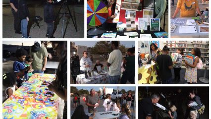 A community event collage featuring stargazing with telescopes, informational booths, and interactive activities for families and kids at night.