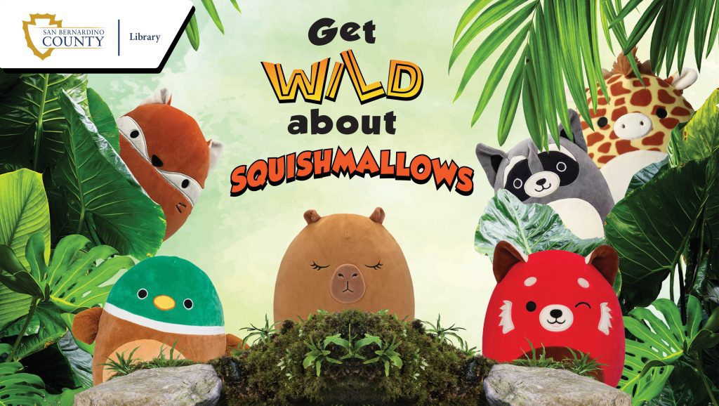 Promotional jungle scene features colorful Squishmallows—capybara, red panda, mallard duck, raccoon, fox and giraffe—with “Get WILD about Squishmallows” text and library logo.