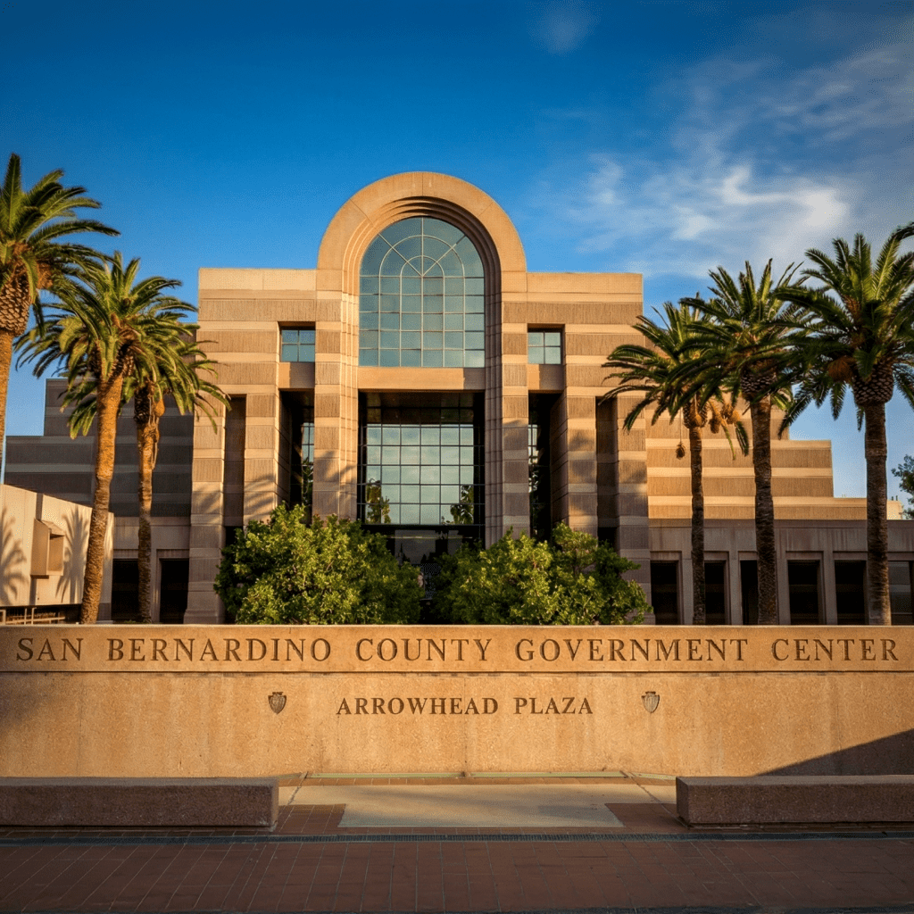 Exterior view of the San Bernardino County Government Center at Arrowhead Plaza, featuring a symmetrical stone façade with an arched glass entrance, palm trees lining the front, and a clear blue sky.