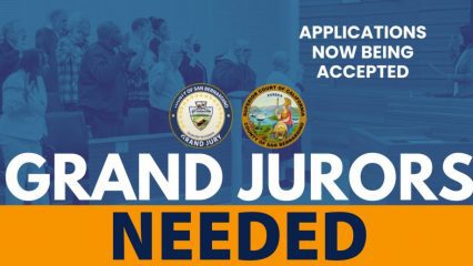 Graphic announcing Grand Jury applications are now being accepted, featuring a swearing-in photo and the County Grand Jury and Superior Court logos.