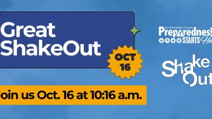 Preparedness Starts Here and ShakeOut logos. Join us Oct. 16 at 10:16 am on a blue background.