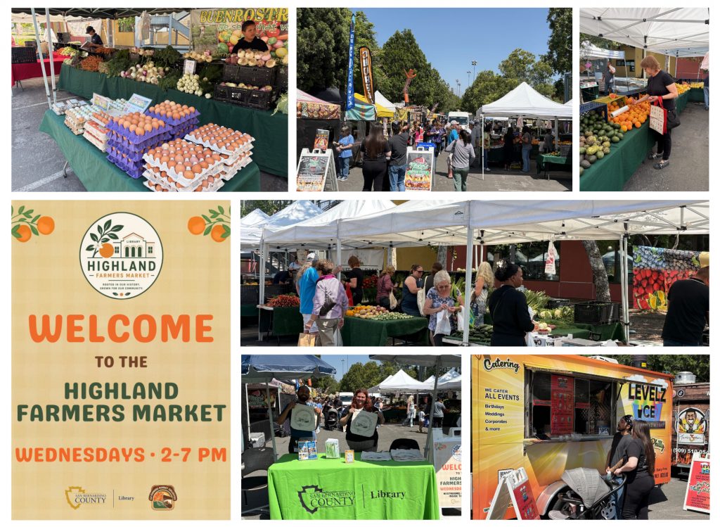 Collage of Highland Farmers Market scenes. Booths display fresh produce and eggs. A food truck and informational tables are also featured. The sign reads “Welcome to the Highland Farmers Market, Wednesdays 2-7 PM.”
