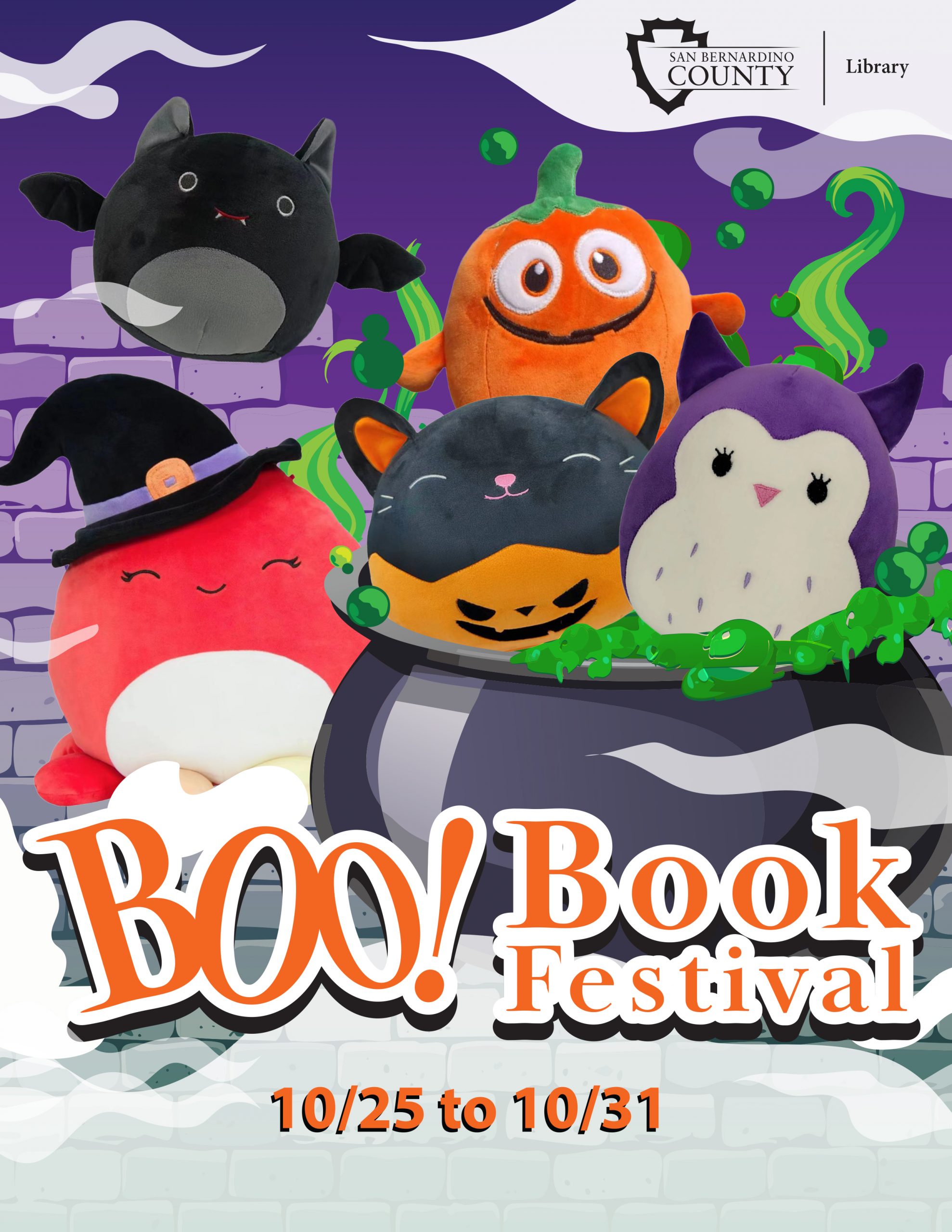 Plush toy bat, pumpkin, cat, witch, and owl near a cauldron. "Boo! Book Festival" text for October 25 through 31. San Bernardino County Library logo.