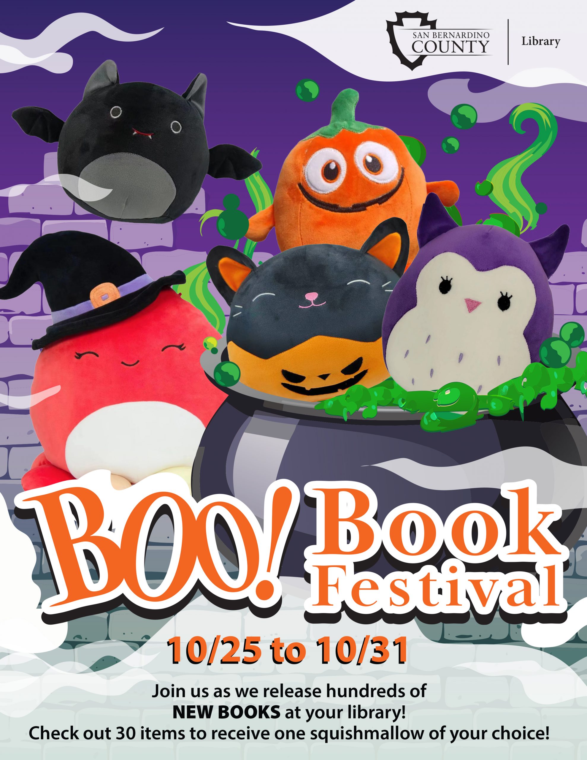 Plush toys of a bat, pumpkin, cat, witch, and owl surround a cauldron. "Boo! Book Festival" text for Oct.10/25-10/31, promoting new books. San Bernardino County Library logo at the top.