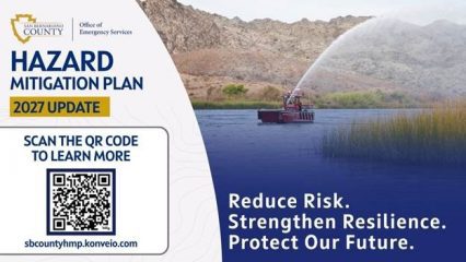 Hazard Mitigation Plan 2027 update graphic showing a firefighting boat on a lake with mountains. Includes QR code to sbcountyhmp.konveio.com.