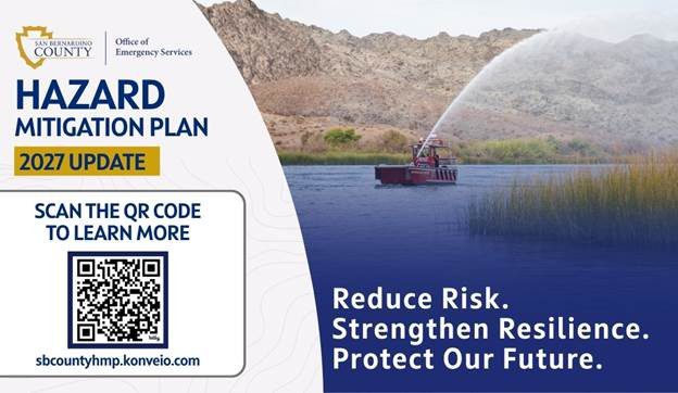 Hazard Mitigation Plan 2027 update graphic showing a firefighting boat on a lake with mountains. Includes QR code to sbcountyhmp.konveio.com.