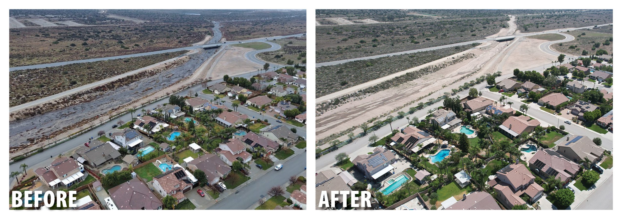 A before and after photo of an improvement project within a community that impacted by a devasting fire.