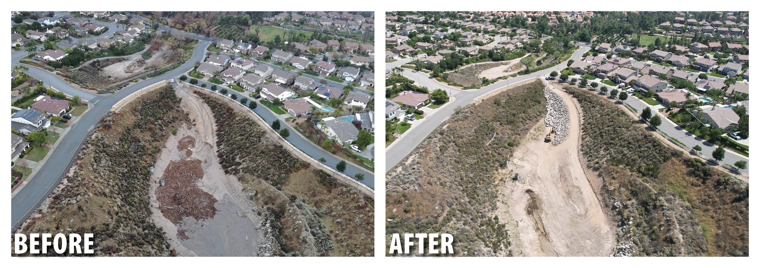 A before and after photo of an improvement project within a community that impacted by a devasting fire.