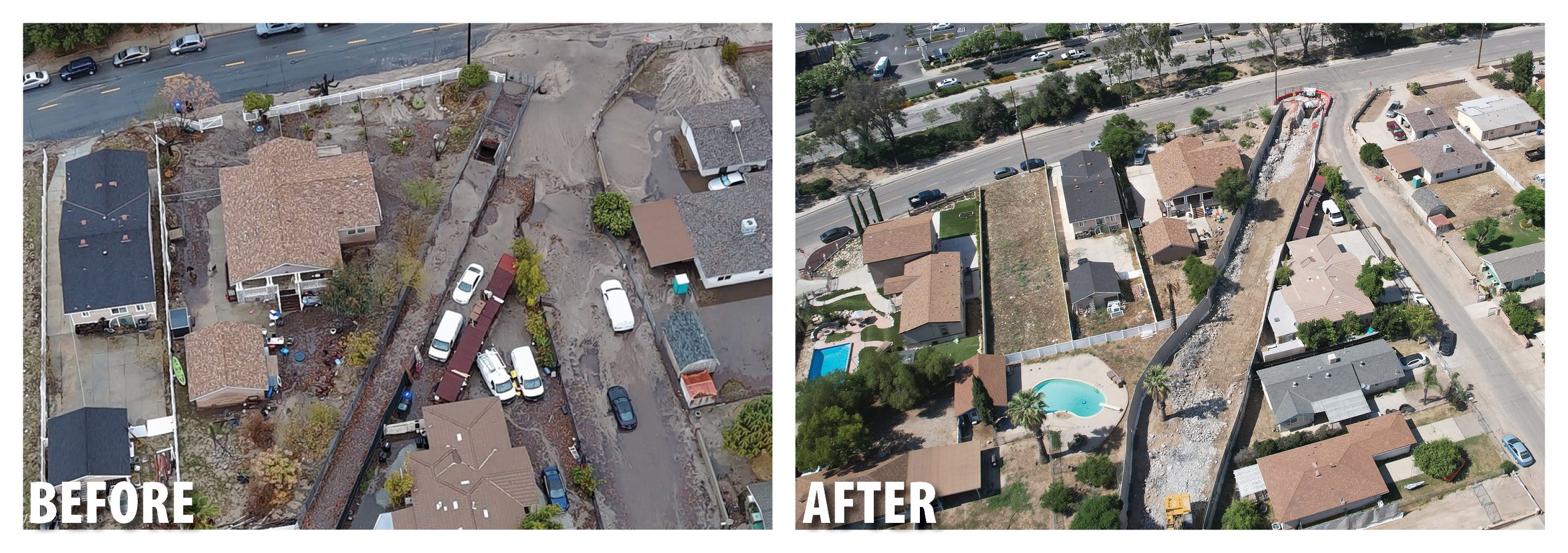 A before and after photo of an improvement project within a community that impacted by a devasting fire.