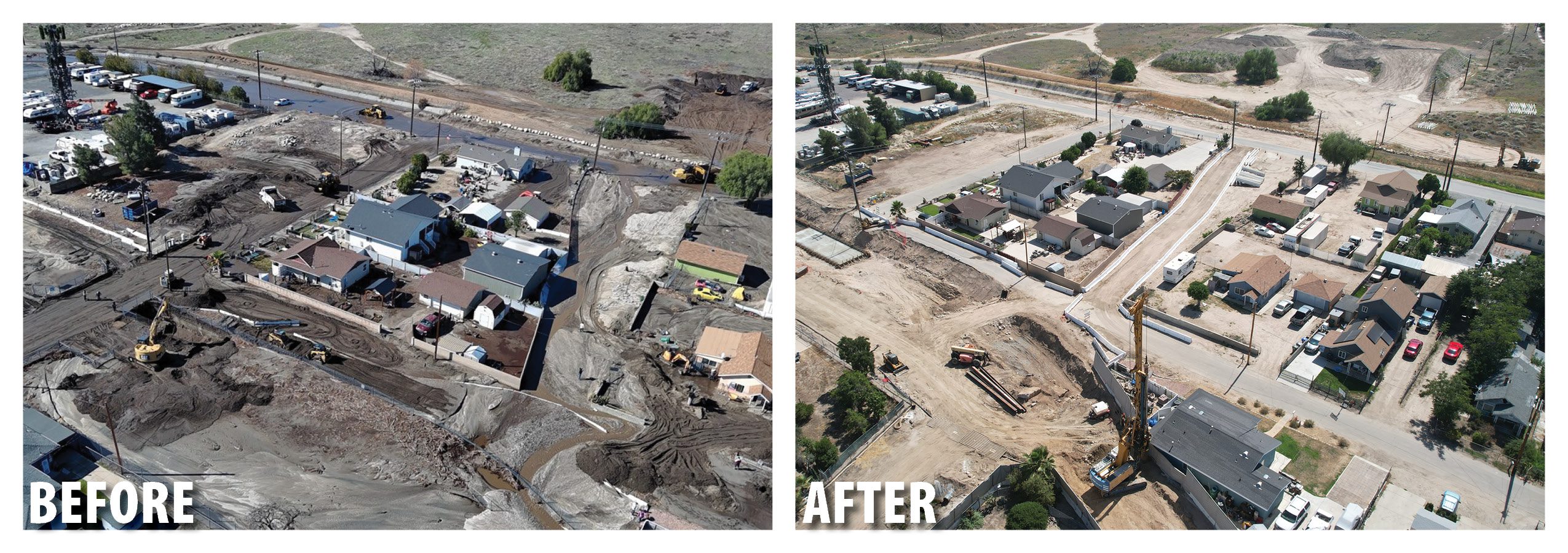 A before and after photo of an improvement project within a community that impacted by a devasting fire.