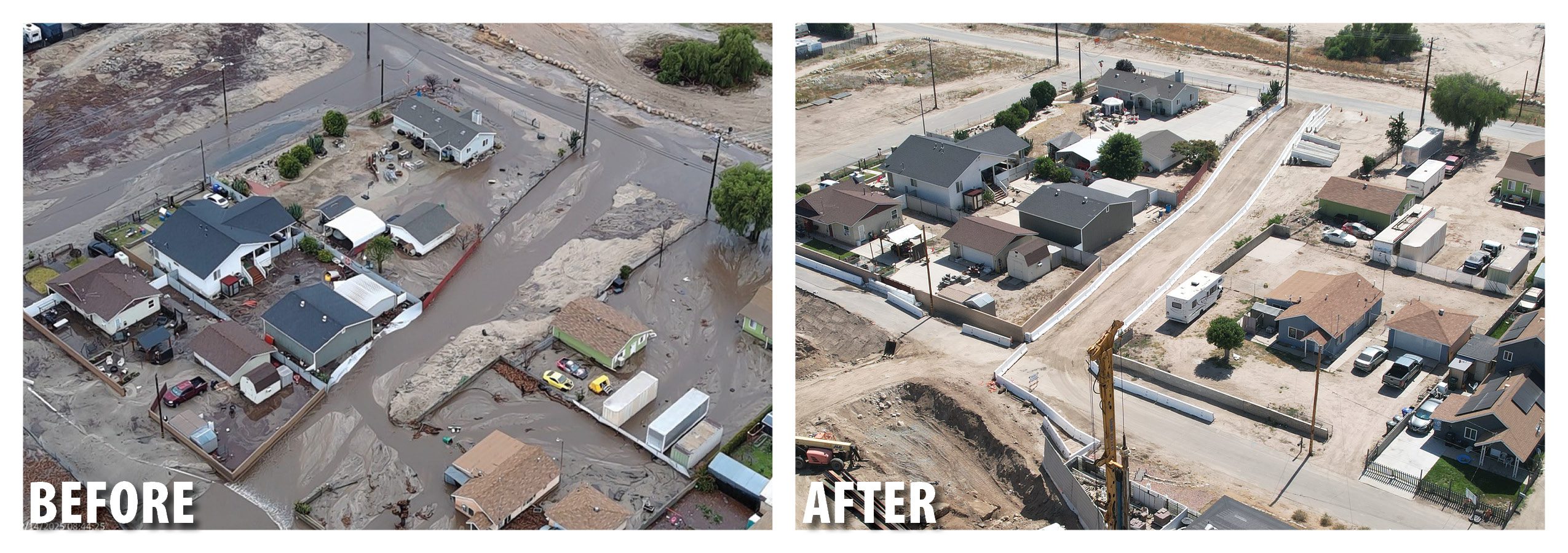 A before and after photo of an improvement project within a community that impacted by a devasting fire.