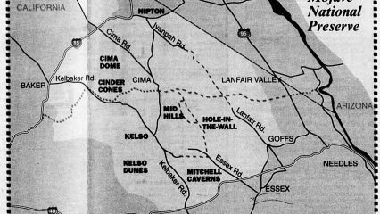 An image of a map showing the Mojave National Preserve with notable landmarks such as Kelso Dunes and Mitchell Caverns. The map also depicts surrounding towns including Baker, Needles and Cima.