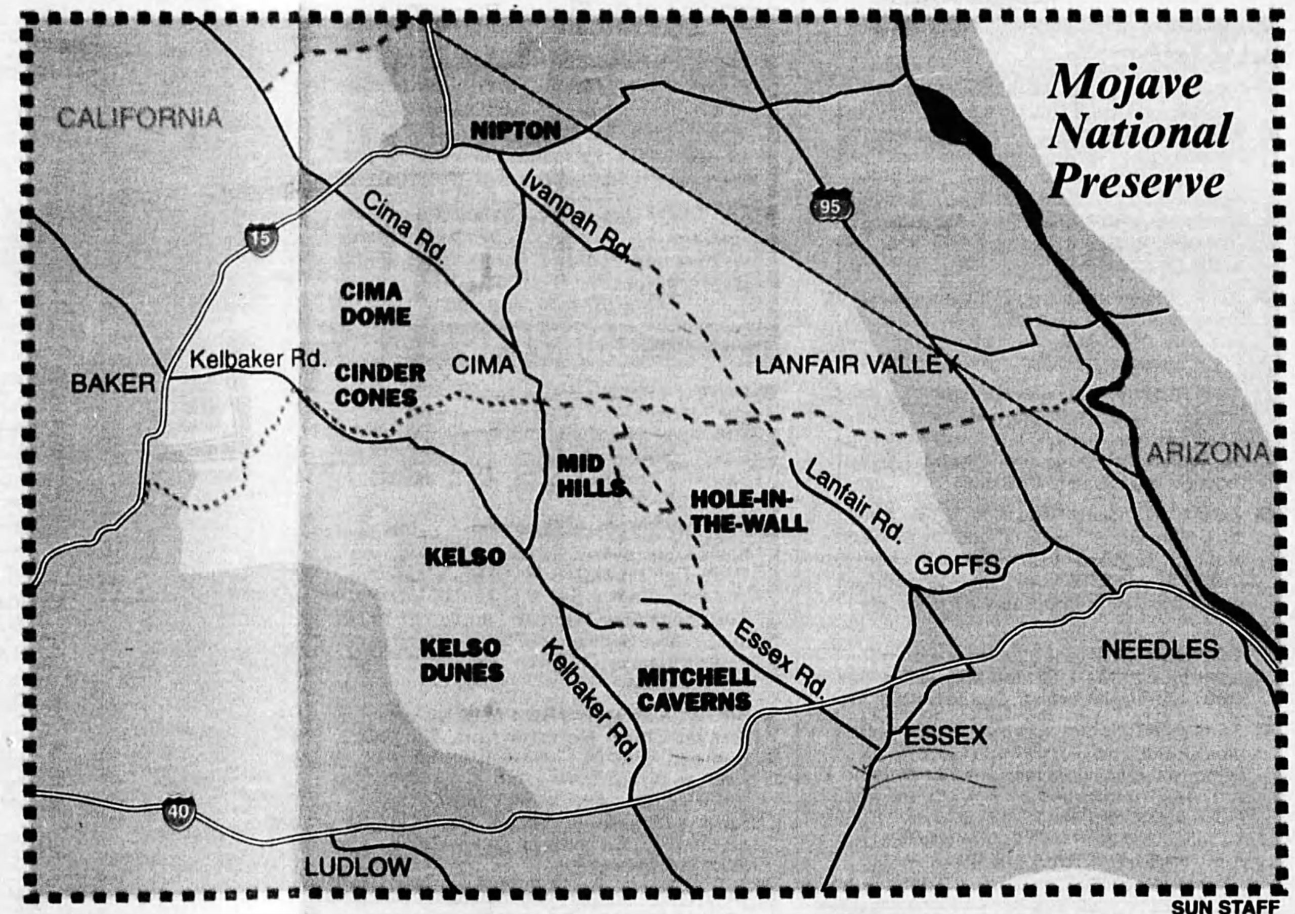 An image of a map showing the Mojave National Preserve with notable landmarks such as Kelso Dunes and Mitchell Caverns. The map also depicts surrounding towns including Baker, Needles and Cima.