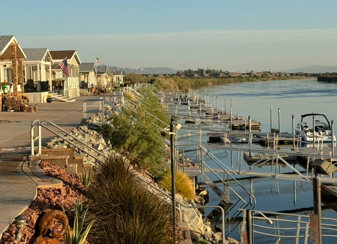 A view of the Colorado River and lakeside properties.