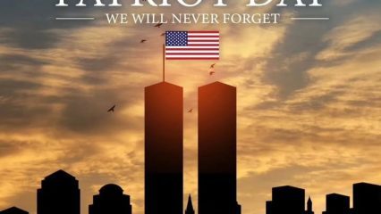Patriot Day tribute with Twin Towers silhouette, U.S. flag, and text ‘We Will Never Forget’ against a golden sunset sky.