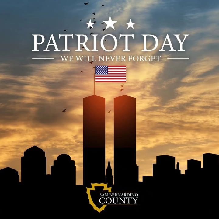 Patriot Day tribute with Twin Towers silhouette, U.S. flag, and text ‘We Will Never Forget’ against a golden sunset sky.
