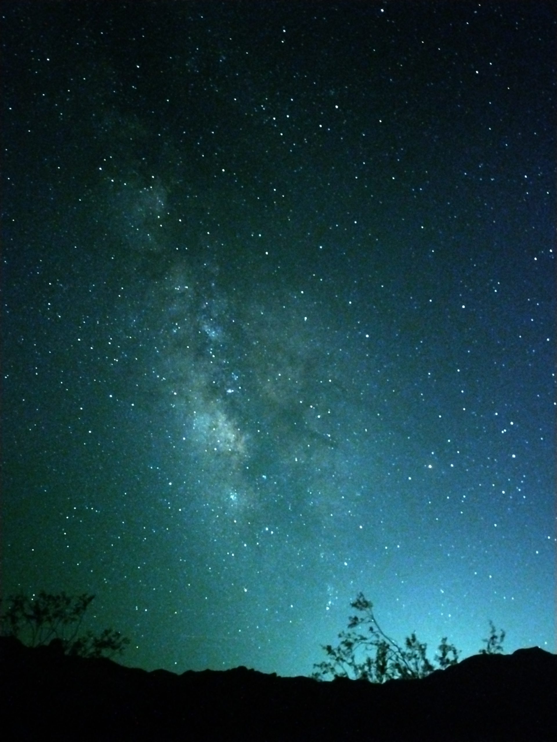 A starry night sky featuring the Milky Way galaxy. A silhouette of trees and a rock formation is visible on the right side of the image.