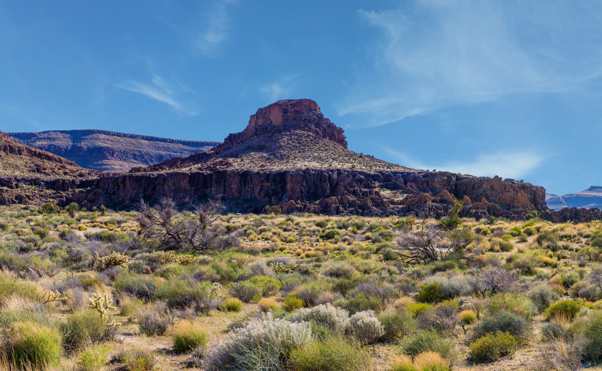 Desert landscape featuring a flat-topped mesa surrounded by rugged terrain and sparse vegetation under a blue sky.