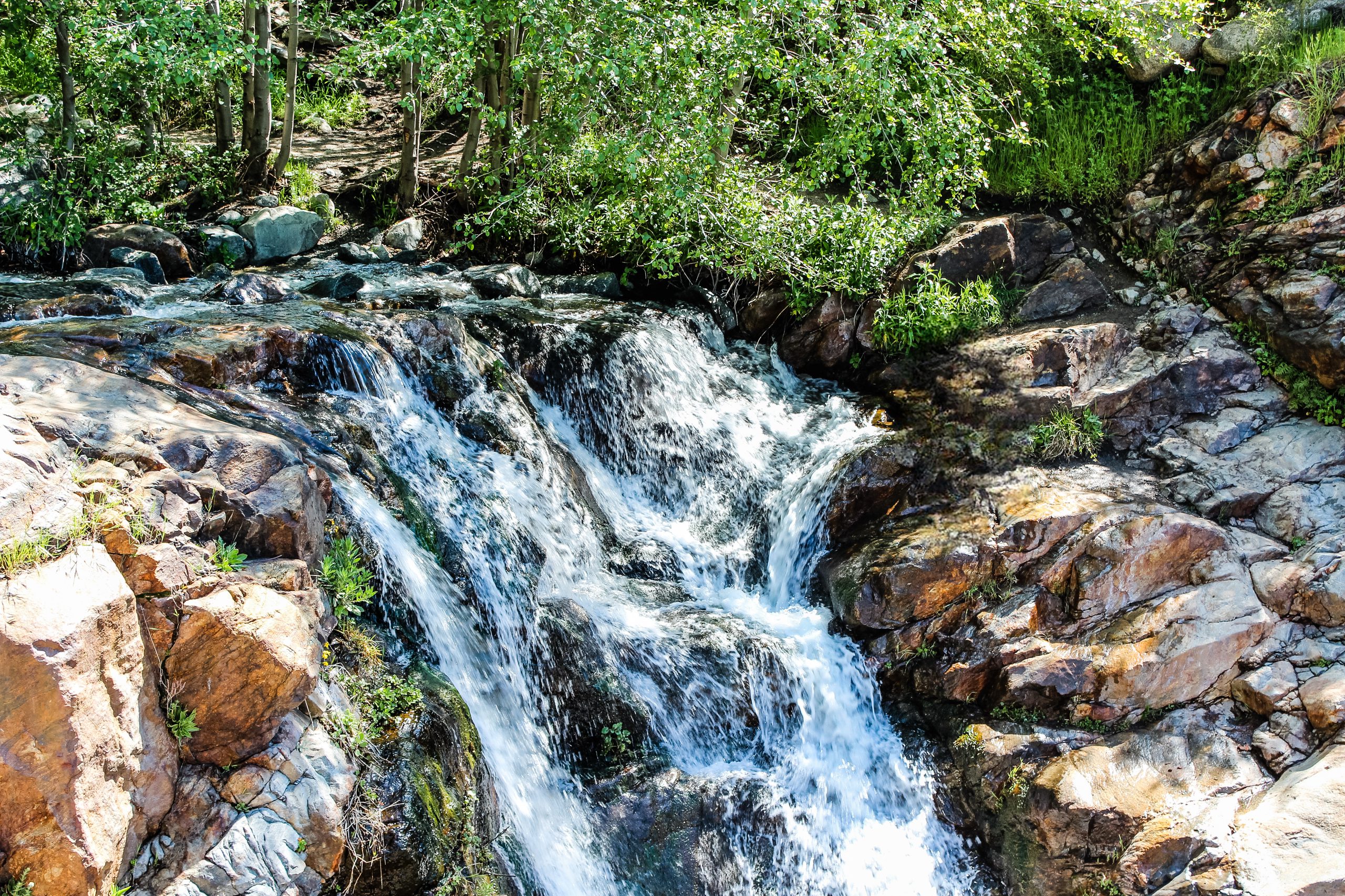 A small cascading waterfall flows over rocky terrain surrounded by lush greenery.