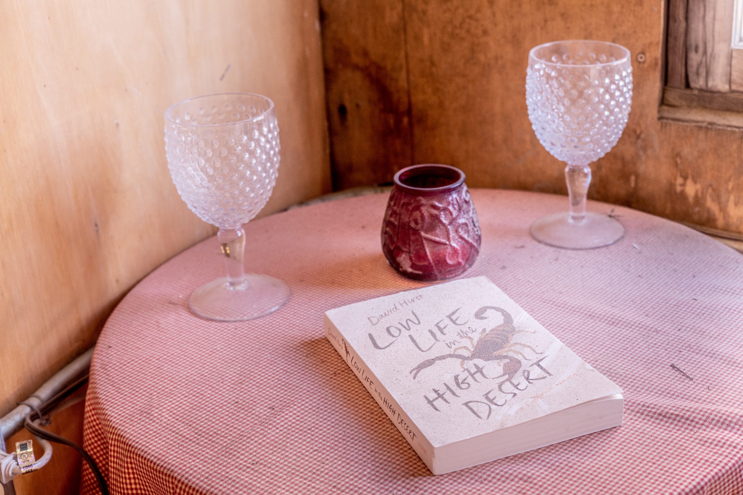 A book titled "Low Life in the High Desert" by David Hays on a round table with a red checkered cloth.