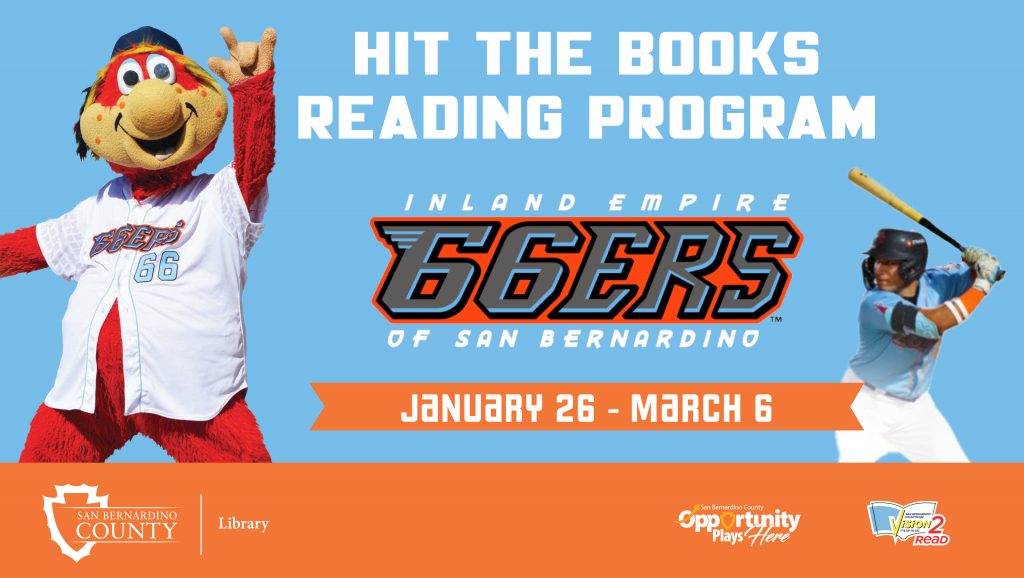 Hit the Books Reading Program with baseball mascot and player, dates January 26 to March 6, and Empire 66ers and library logos