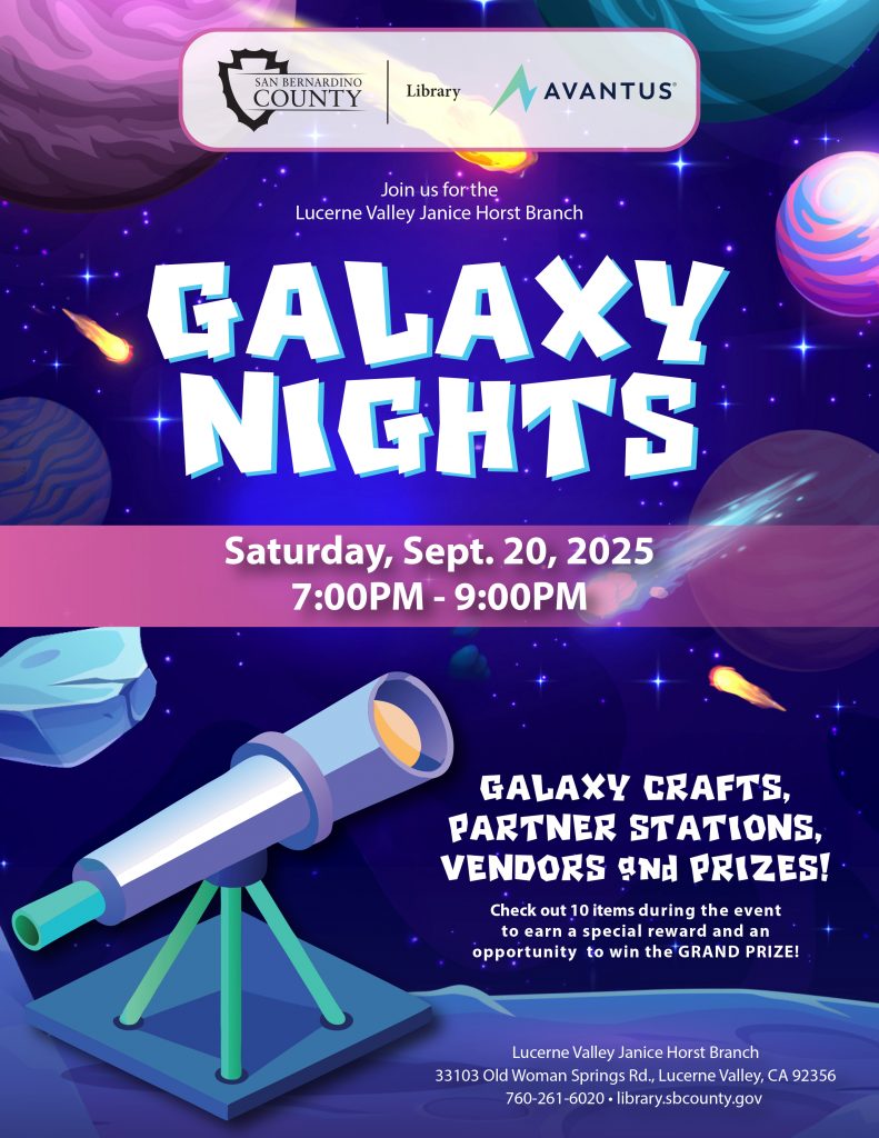 Galaxy Nights at Lucerne Valley Library, Sept. 20, 2025, 7–9 PM. Space theme with telescope, planets, stars, and sponsor logos.