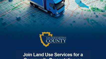 : Illustration of a blue truck on a city map with the San Bernardino County logo and text about an AB 98 Truck Routes community presentation.