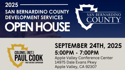 2025 San Bernardino County Development Services Open House on Sept. 24, 2025, 5–7 PM at the Apple Valley Conference Center, 14975 Dale Evans Pkwy., Apple Valley 92307.