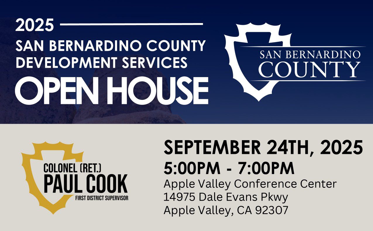 2025 San Bernardino County Development Services Open House on Sept. 24, 2025, 5–7 PM at the Apple Valley Conference Center, 14975 Dale Evans Pkwy., Apple Valley 92307.