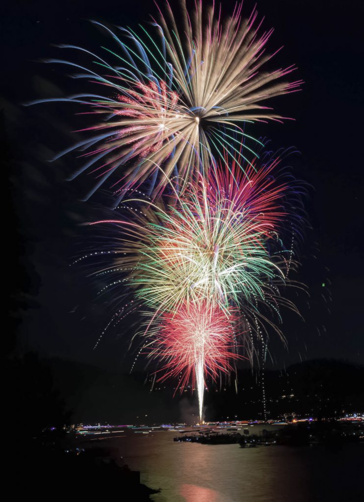 Colorful fireworks exploding over a lake at night.