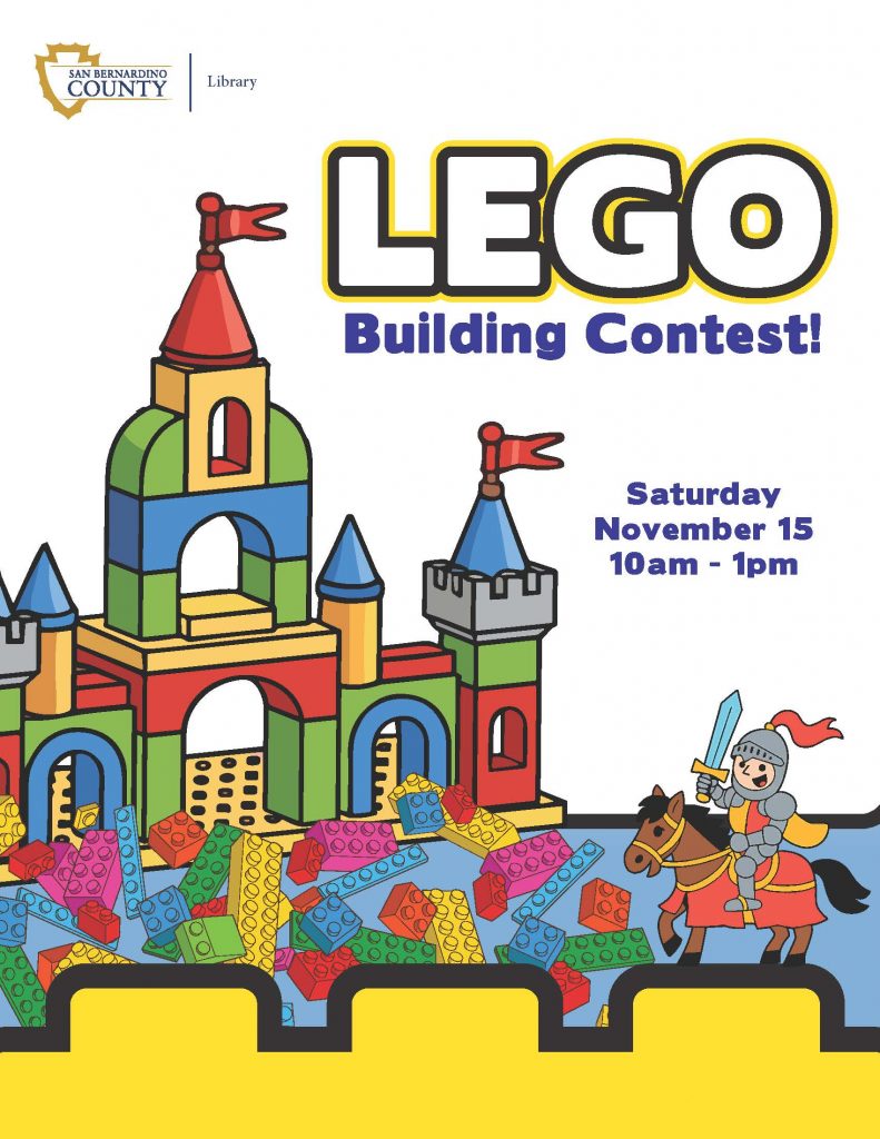 LEGO® Building Contest poster. Features a colorful LEGO® castle, knight, and toy bricks. Events will take place on Nov. 15 from 10 a.m. - 1 p.m.
