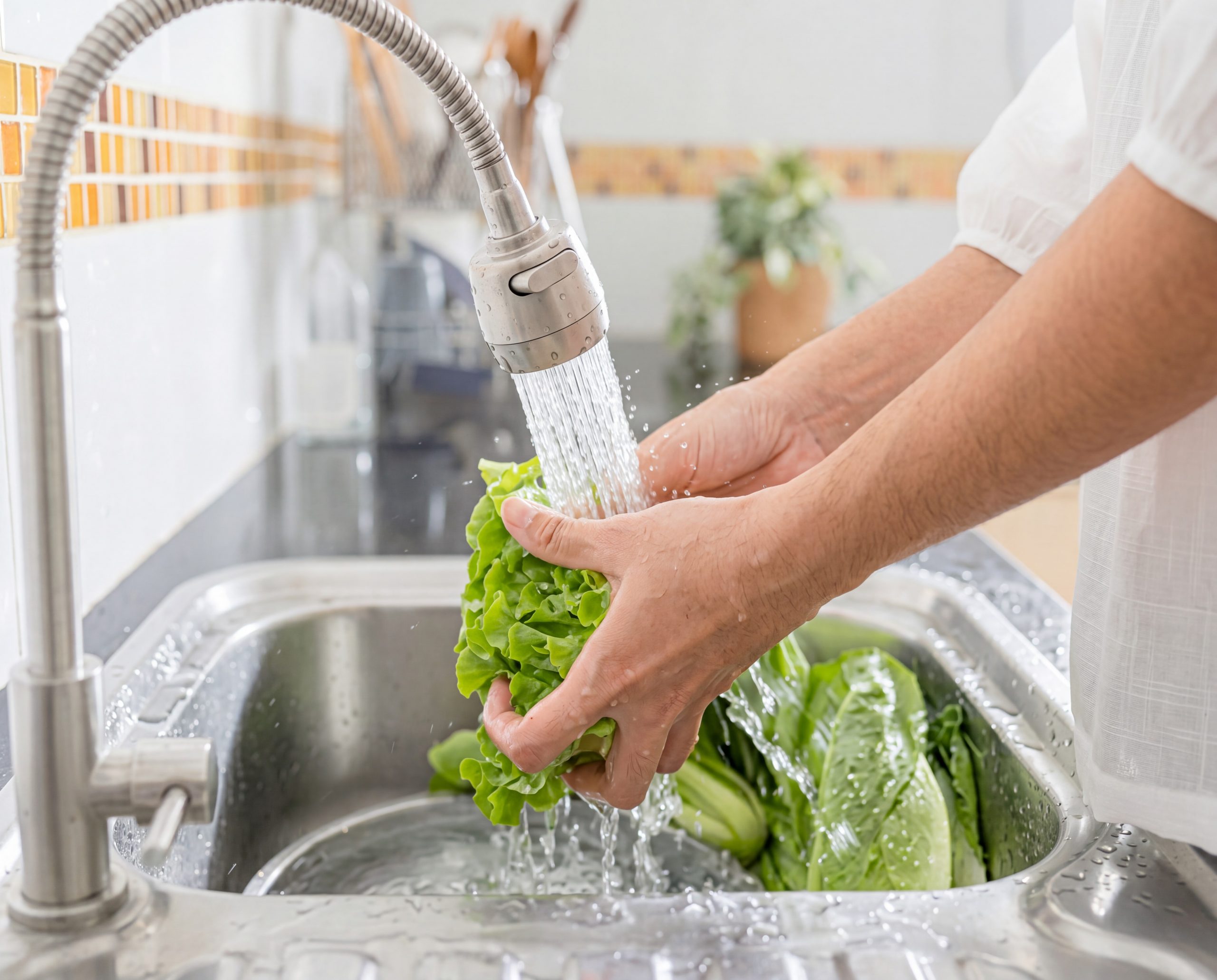 Hands rinsing fresh lettuce under running water in a kitchen sink.