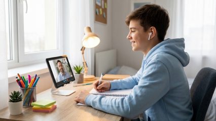 Smiling teenage boy wearing a blue sweatshirt with pen in hand attending an online class with tutor on tablet at home.