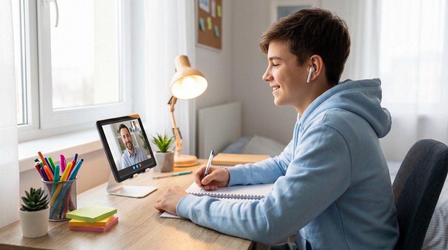 Smiling teenage boy wearing a blue sweatshirt with pen in hand attending an online class with tutor on tablet at home.