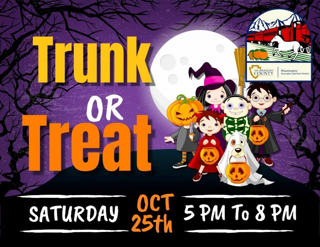 San Bernardino County Bloomington Recreation & Park District logo. Kids in Halloween costumes. Trunk or Treat Saturday, Oct 25, 5 to 8 pm.