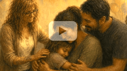 Illustration of a family embracing in a warm group hug, symbolizing love, healing, and reunification.